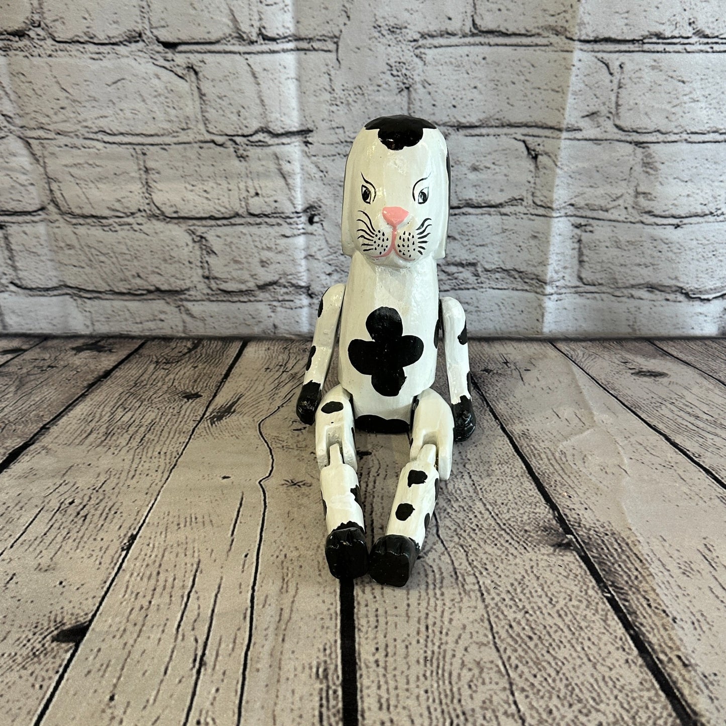 20cm Black White Dog Sitting Animal, Wooden Shelf Ornament Handmade & Fairtrade