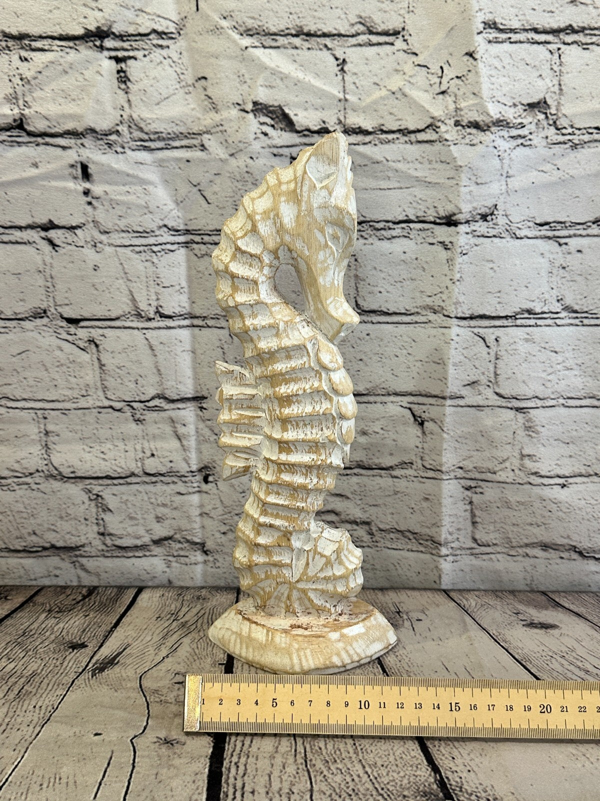 30cm White Plain Wooden Shabby Seahorse Statue Ornament Fair Trade Handcarved