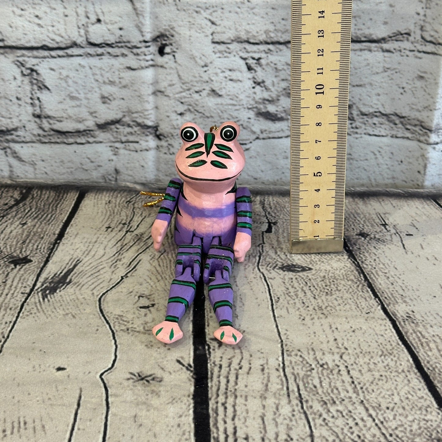 10cm Purple Frog Sitting Animal, Wooden Shelf Ornament Handmade and Fairtrade