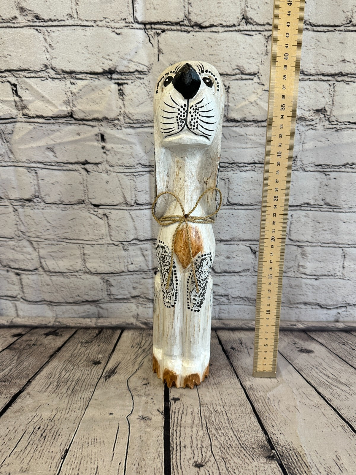 40cm White Flower Wooden Shabby Dog Statue Ornament Fair Trade Handcarved