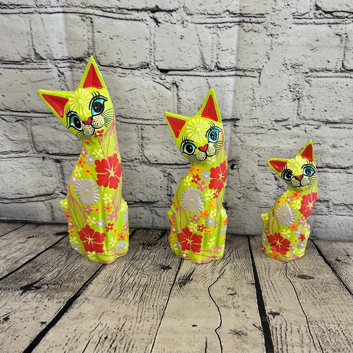 Green Flat Back Wooden Cat With Flower Pattern 25cm x 8cm Handmade and Fairtrade