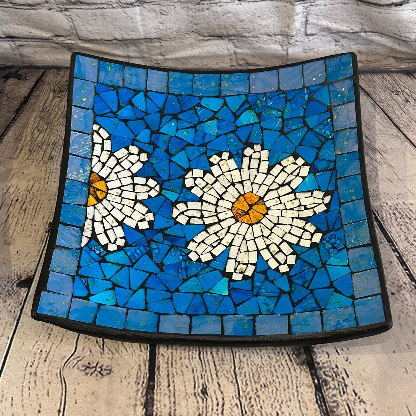 30cm Blue Daisy Flower Square Mosaic Handmade Ceramic Glass Tile Bowl Fruit