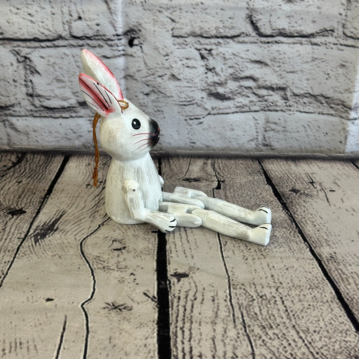 10cm White Rabbit Sitting Animal, Wooden Shelf Ornament Handmade and Fairtrade