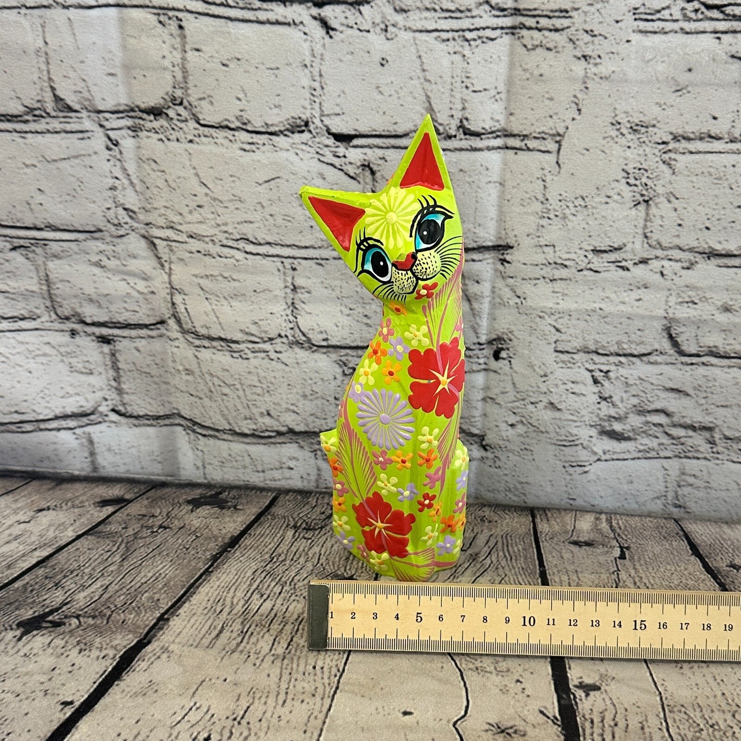 Green Flat Back Wooden Cat With Flower Pattern 25cm x 8cm Handmade and Fairtrade