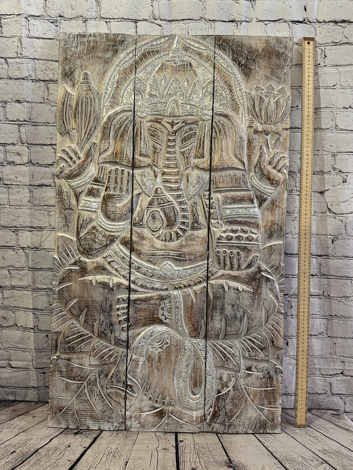 100cm x 60cm Ganesh White Panel Wooden Wood Panel Wall Art Plaque Handcarved