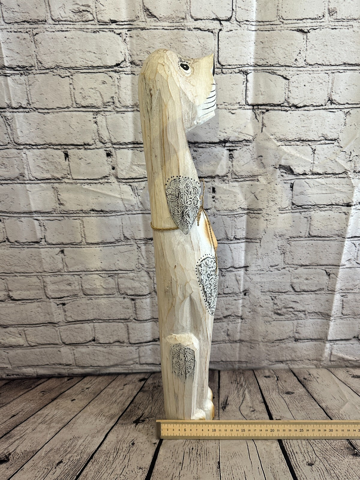 60cm White Flower Wooden Shabby Dog Statue Ornament Fair Trade Handcarved