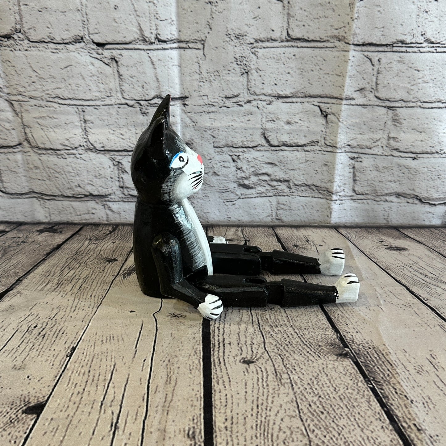 20cm Black Cat Sitting Animal, Wooden Shelf Ornament Handmade & Fairtrade
