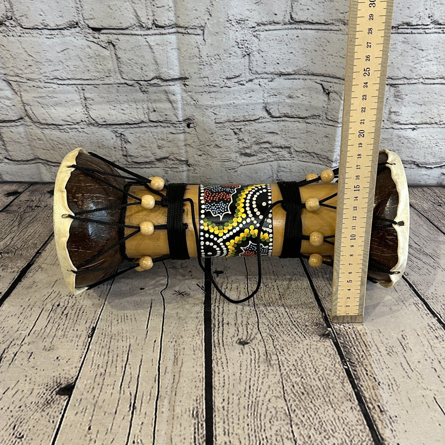 32cm Two Ended Wooden Djembe Bongo Painted African Influenced Drum High Handmade