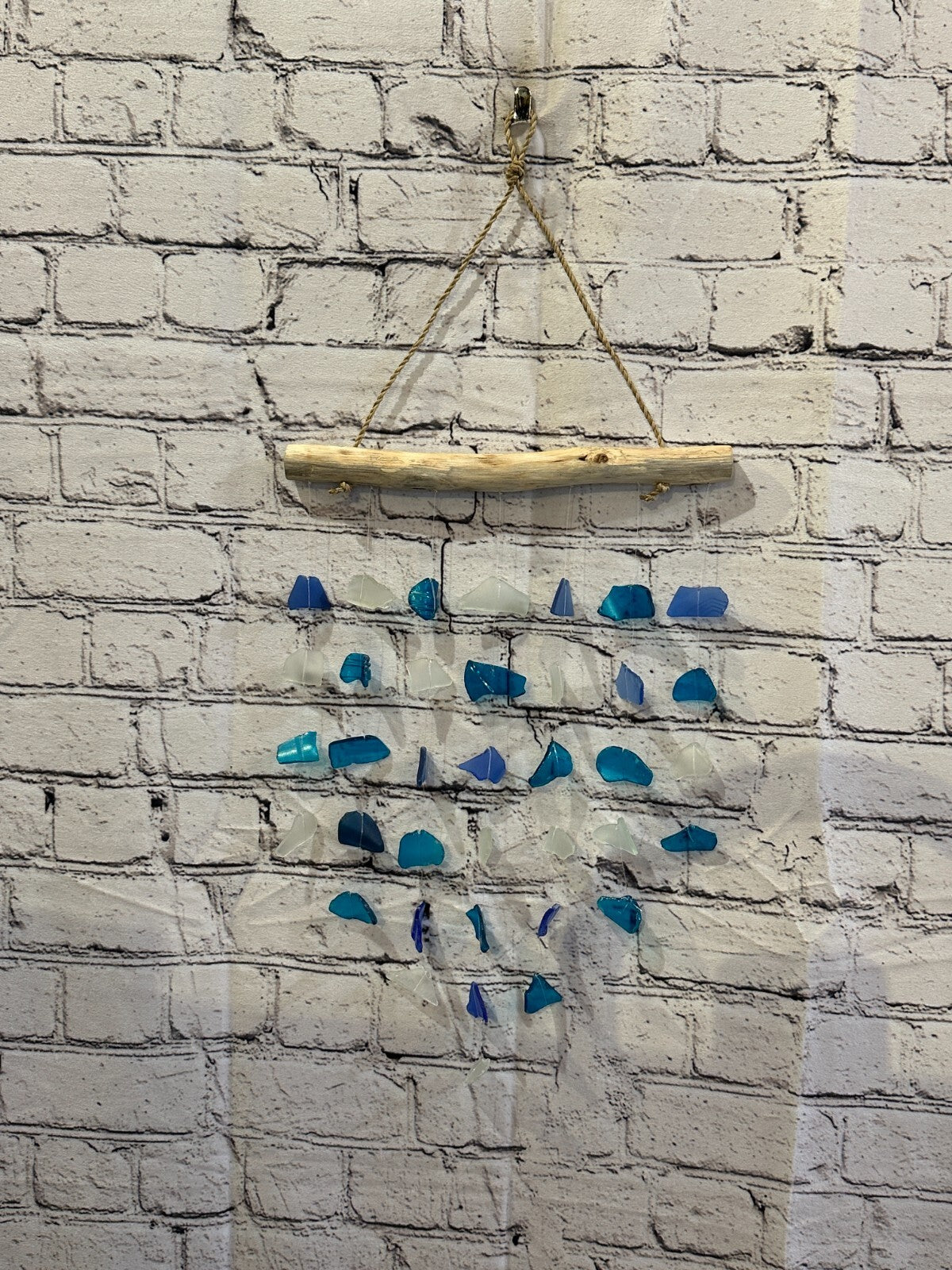 45cm x 25cm Blue Mix Wind Recycled Glass Driftwood Handmade Garden Home Mobile
