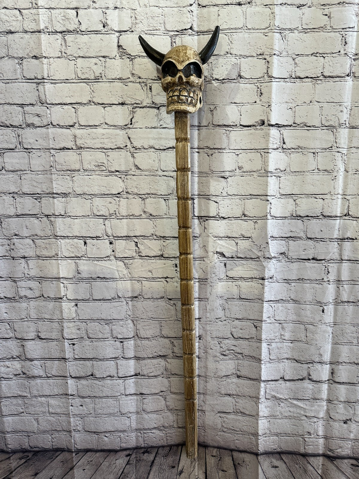 Skull Head With Horns 100cm Tribal Walking Stick Cane Hand Carved Light Wood