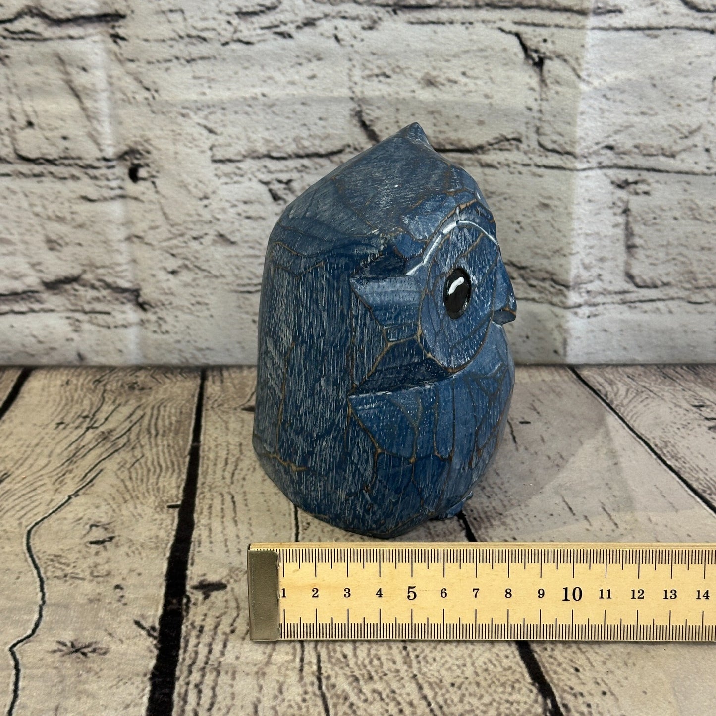 12cm x 10cm Blue Flower Wooden Shabby Owl Statue Ornament Fair Trade Handcarved