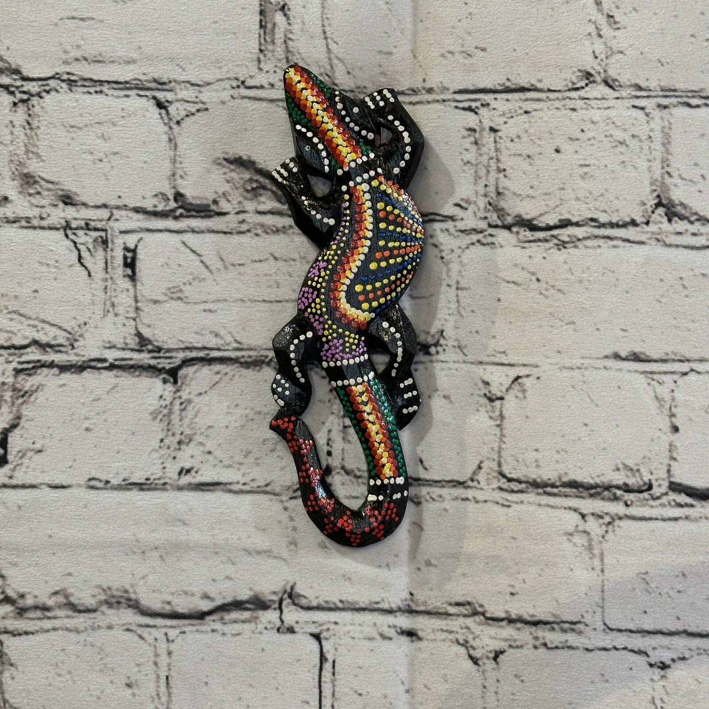 20cm Gecko Carved Wooden Dot Painted Ethnic Tribal Tiki Wall Handmade No 8