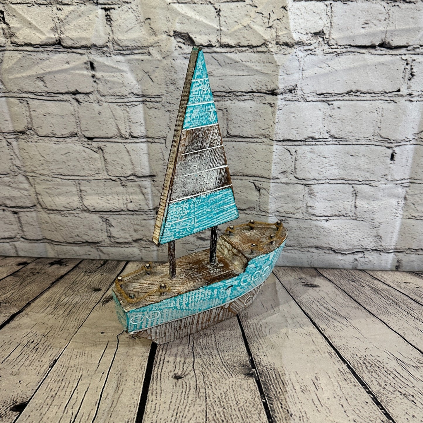 35cm Rustic Wooden Brown & Green Sailing Boat Nautical Ornament Sculpture Decor