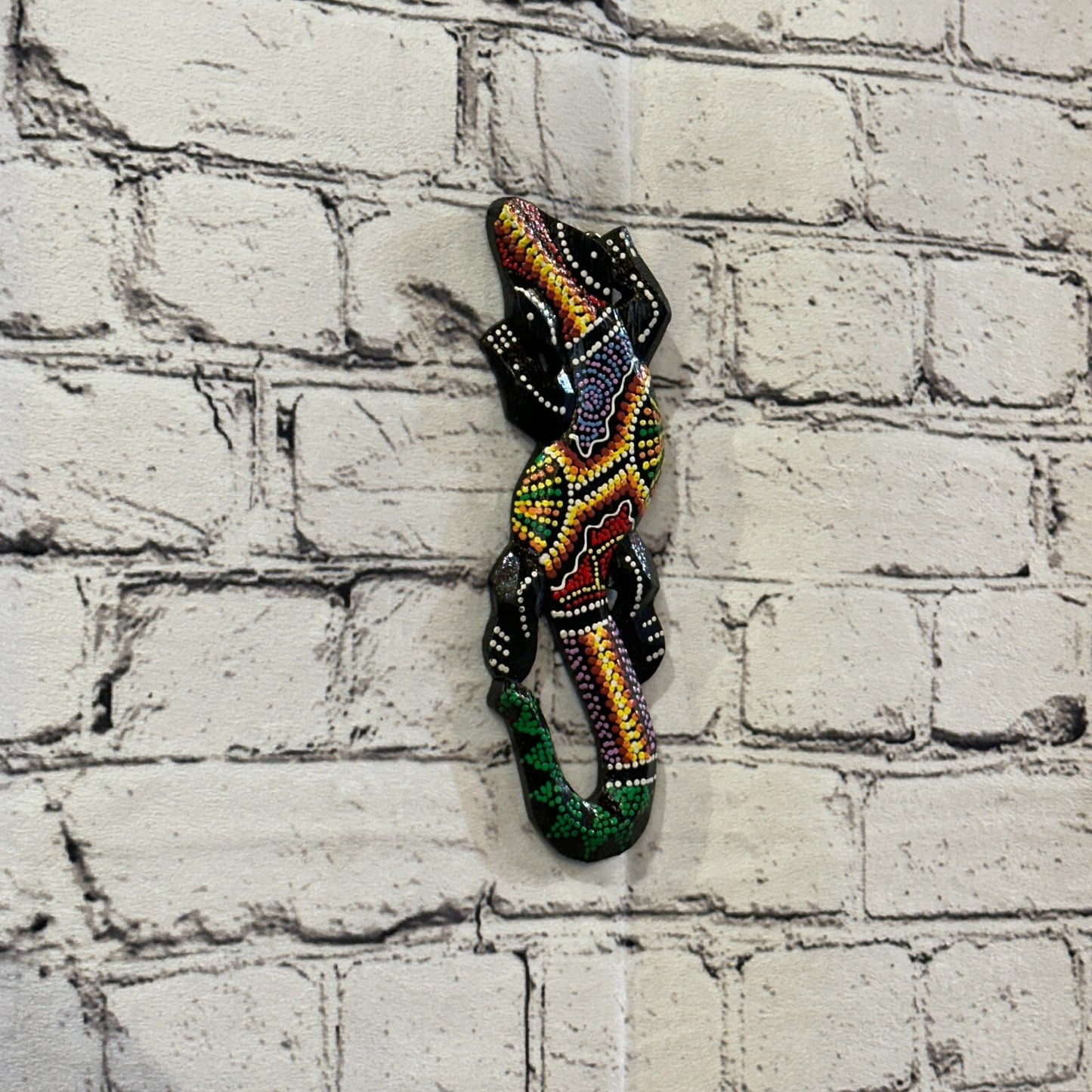 20cm Gecko Carved Wooden Dot Painted Ethnic Tribal Tiki Wall Handmade No 7