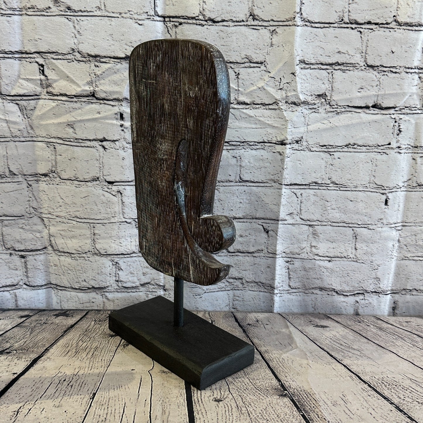 40cm x 20cm Wooden Tribal Primitive Black Elephant Head Stand Sculpture Statue