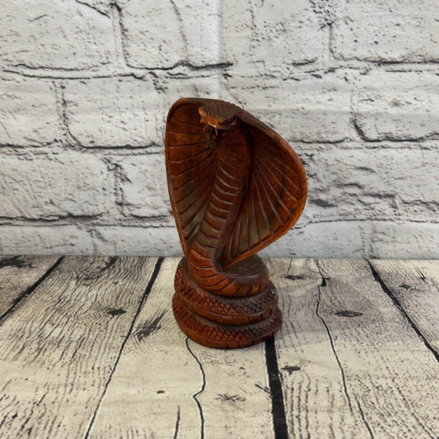 15cm x 8cm Solid Wood Cobra Carving Sculpture Decor Statue Snake Oriental Cobra