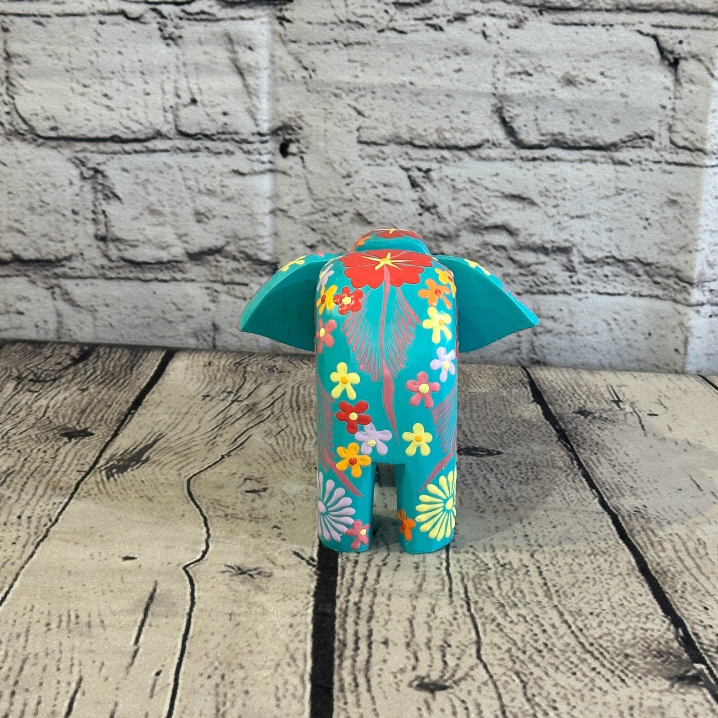 Blue Wooden Elephant With Flower Pattern 10cm x 12cm Handmade and Fairtrade