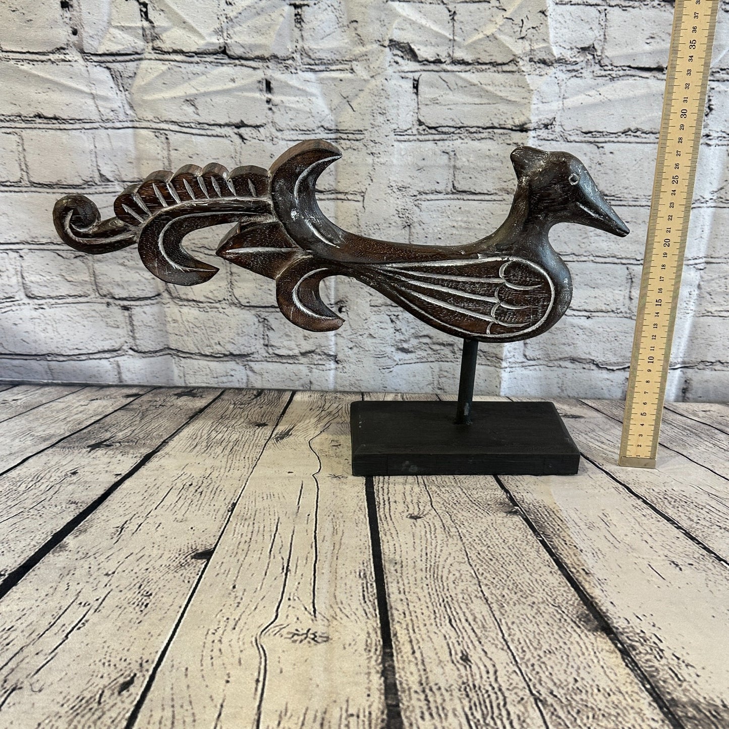 50cm x 30cm Wooden Tribal Primitive Black Phoenix Bird Stand Sculpture Statue
