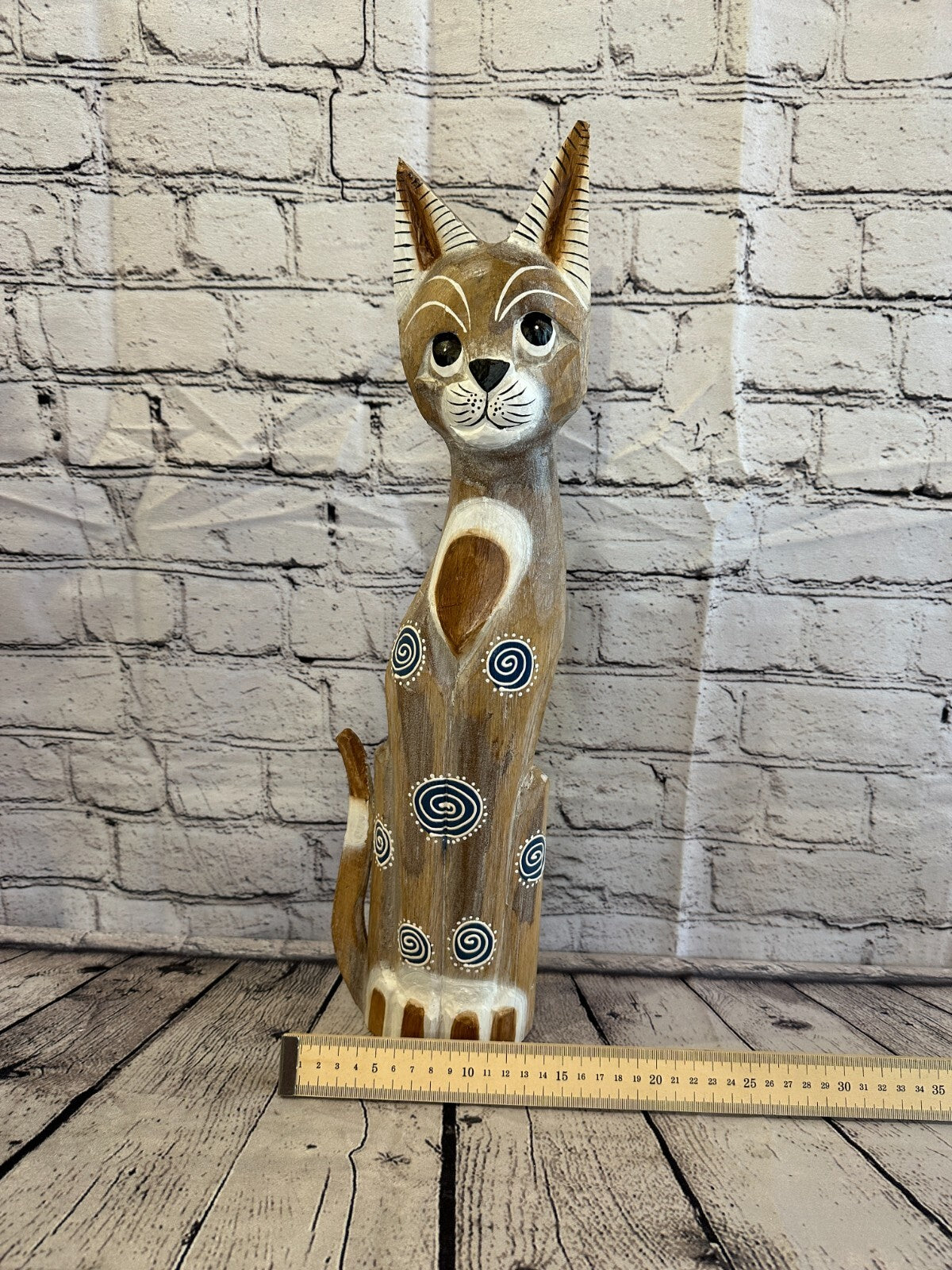 50cm Light Brown Flower Wooden Shabby Cat Statue Ornament Fair Trade Handcarved
