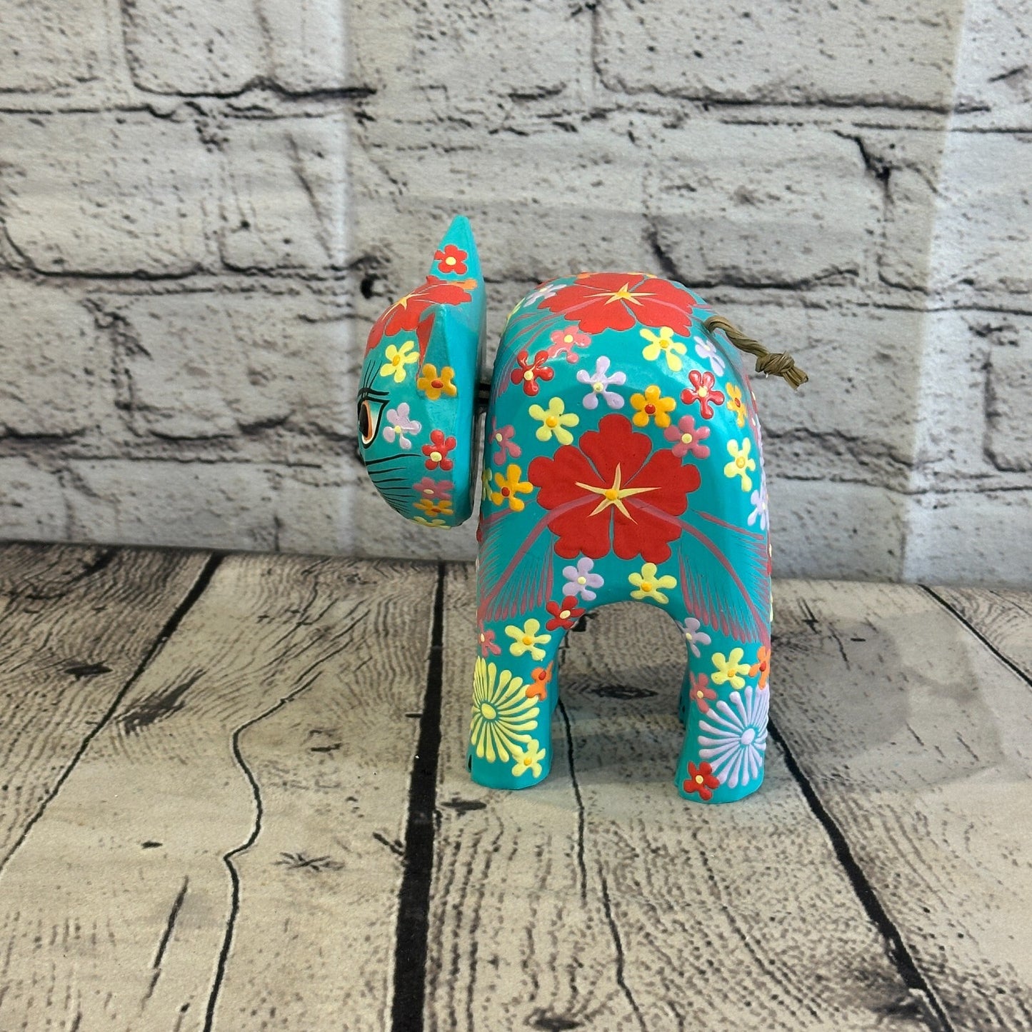 Blue Large Wooden Cat With Flower Pattern 15cm x 10cm Handmade and Fairtrade