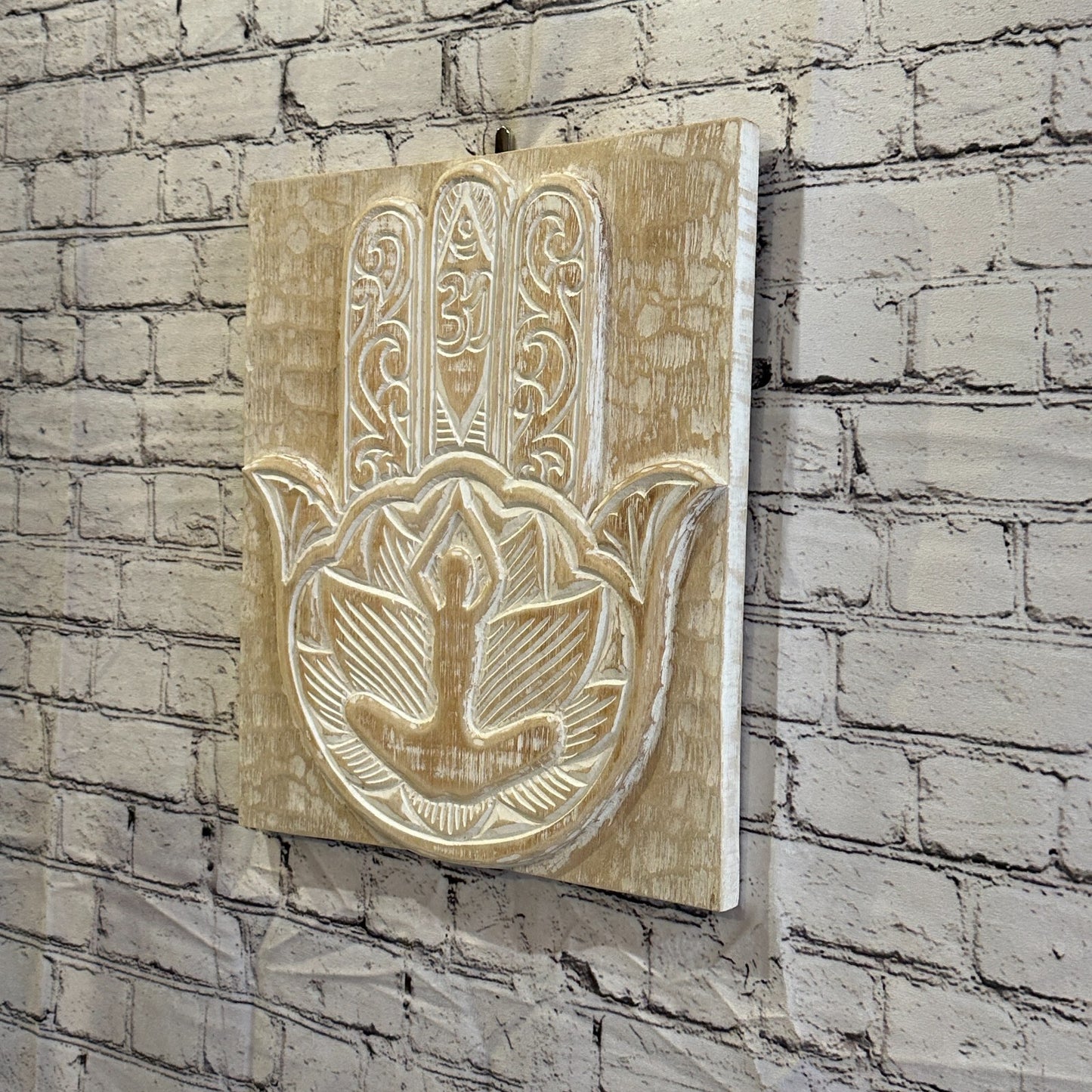 Hand Of Fatima Wooden Panel 40cm x 35cm Gold Cream Wall Art Plaque Handcarved
