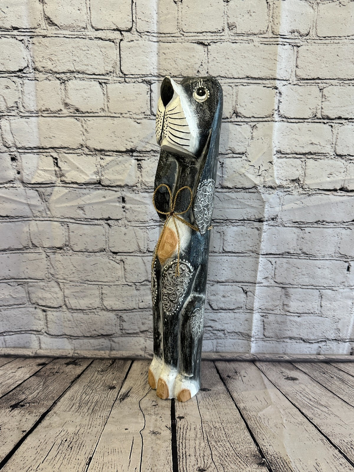 50cm Grey Flower Wooden Shabby Dog Statue Ornament Fair Trade Handcarved