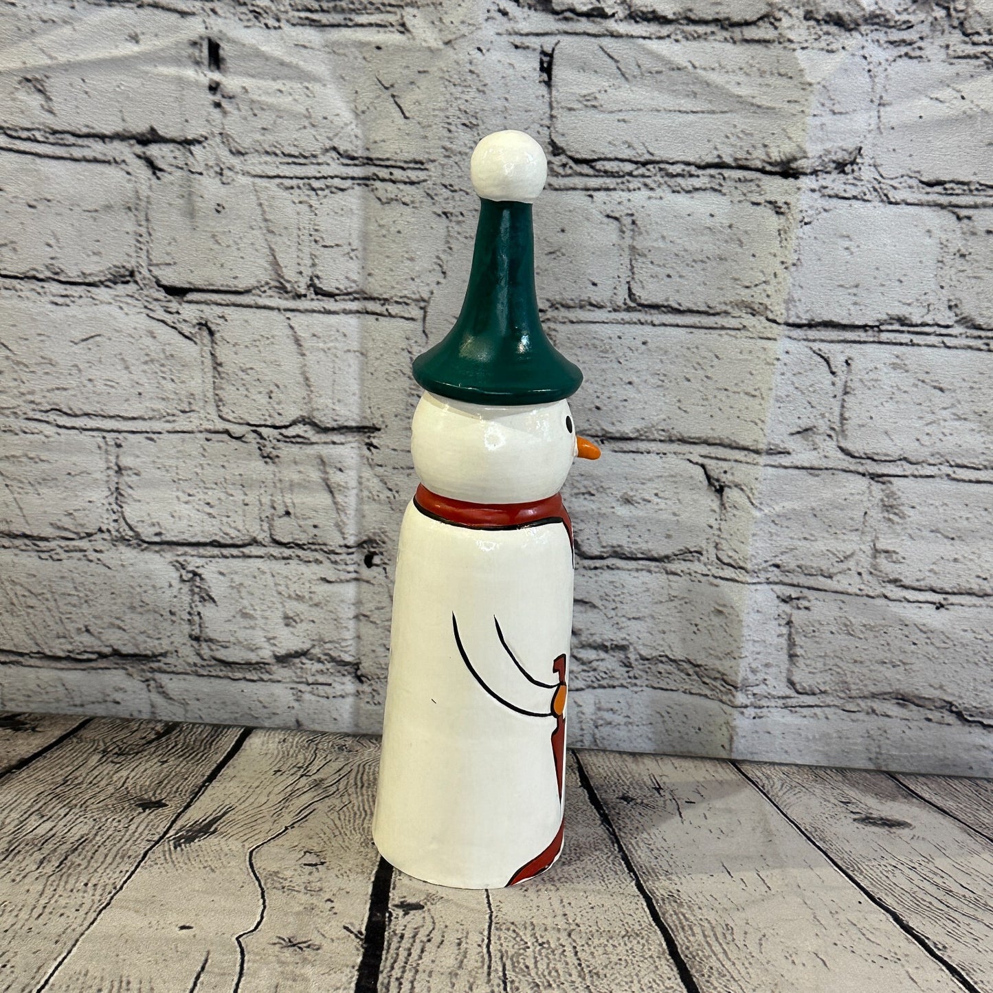 28cm x 8cm Green Pointy Hat Snowman Handcrafted Wood Xmas Christmas Ornament