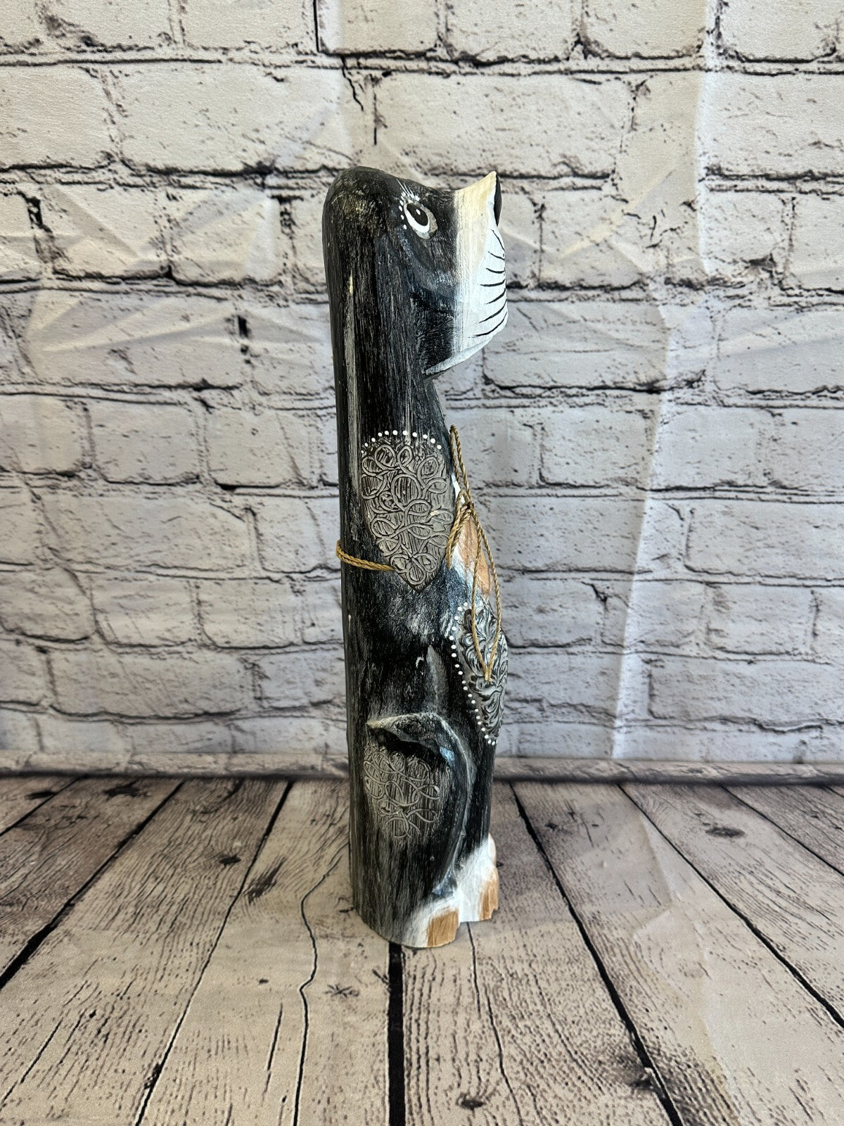40cm Grey Flower Wooden Shabby Dog Statue Ornament Fair Trade Handcarved