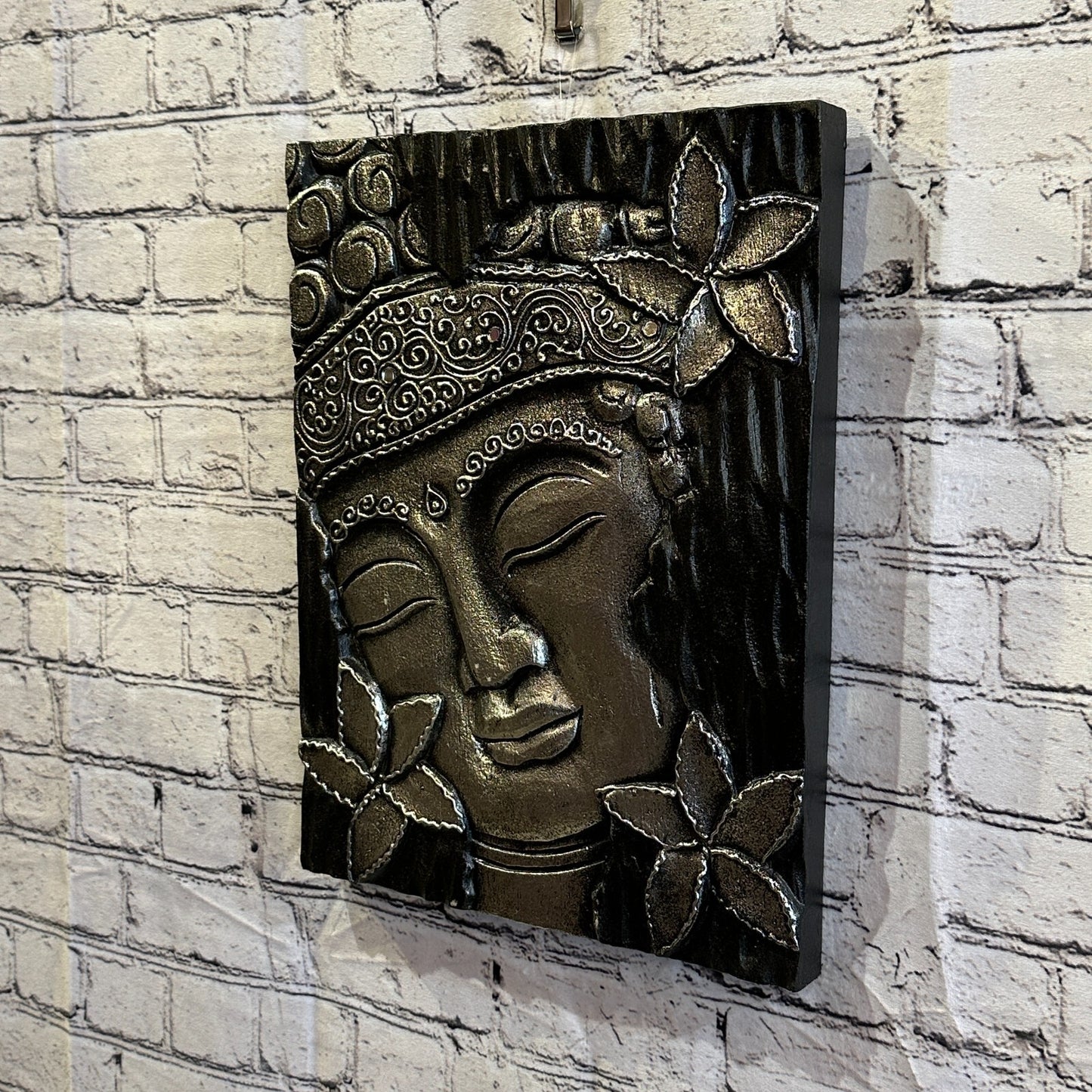 Wooden Wood Panel 40cm Brown Silver Buddha Hibiscus Wall Art Plaque Handcarved