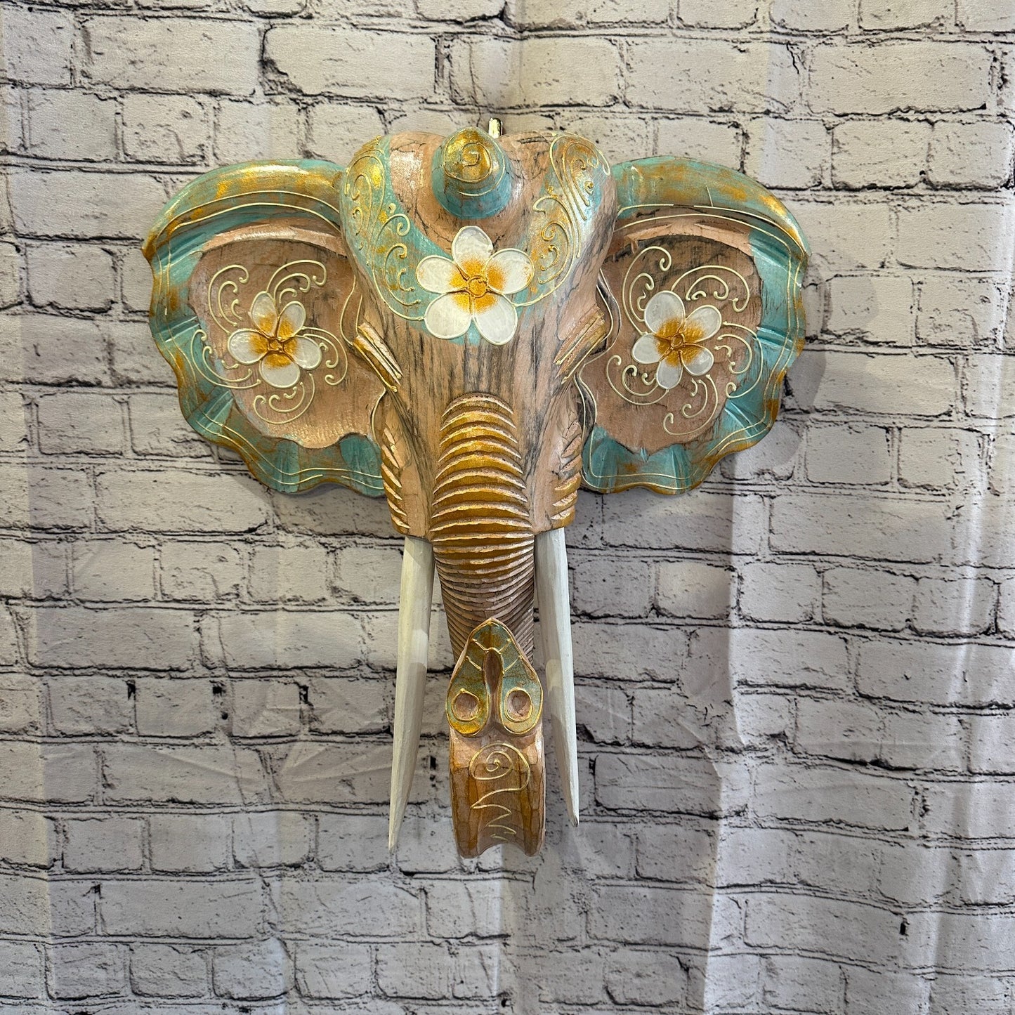 50cm x 45cm Green Flower Painted Wood Elephant Head Wall Mounted Art Shabby