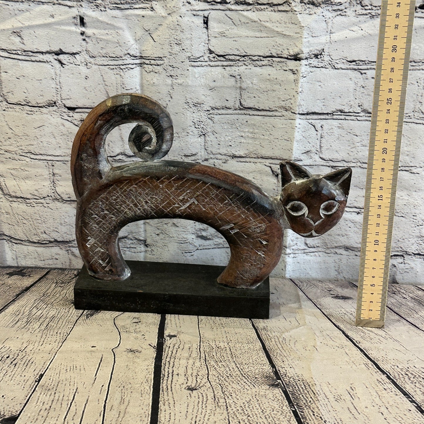 28cm x 25cm Wooden Tribal Primitive Black Cat Stand Sculpture Statue Art