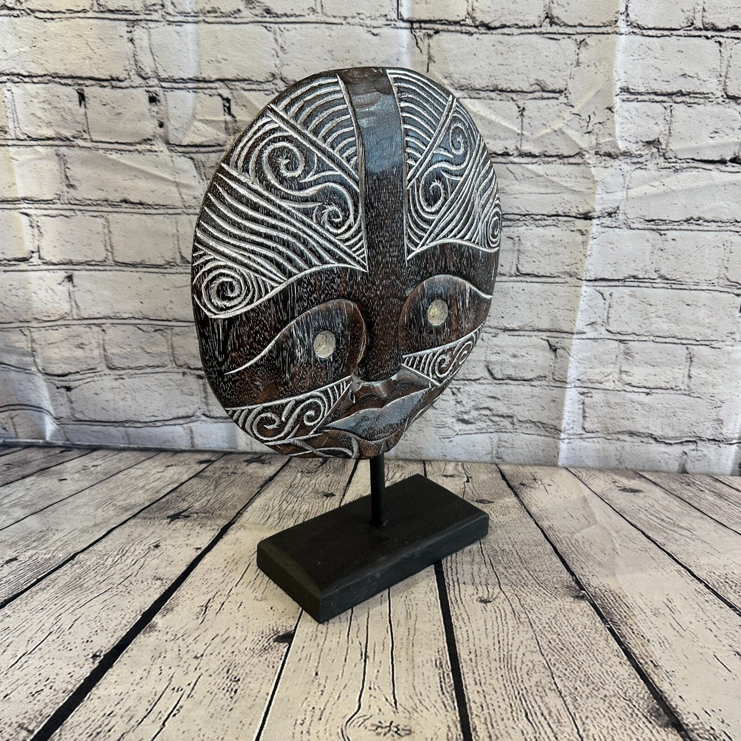 40cm x 35cm Wooden Tribal Primitive Black Mask Stand Sculpture Statue Art