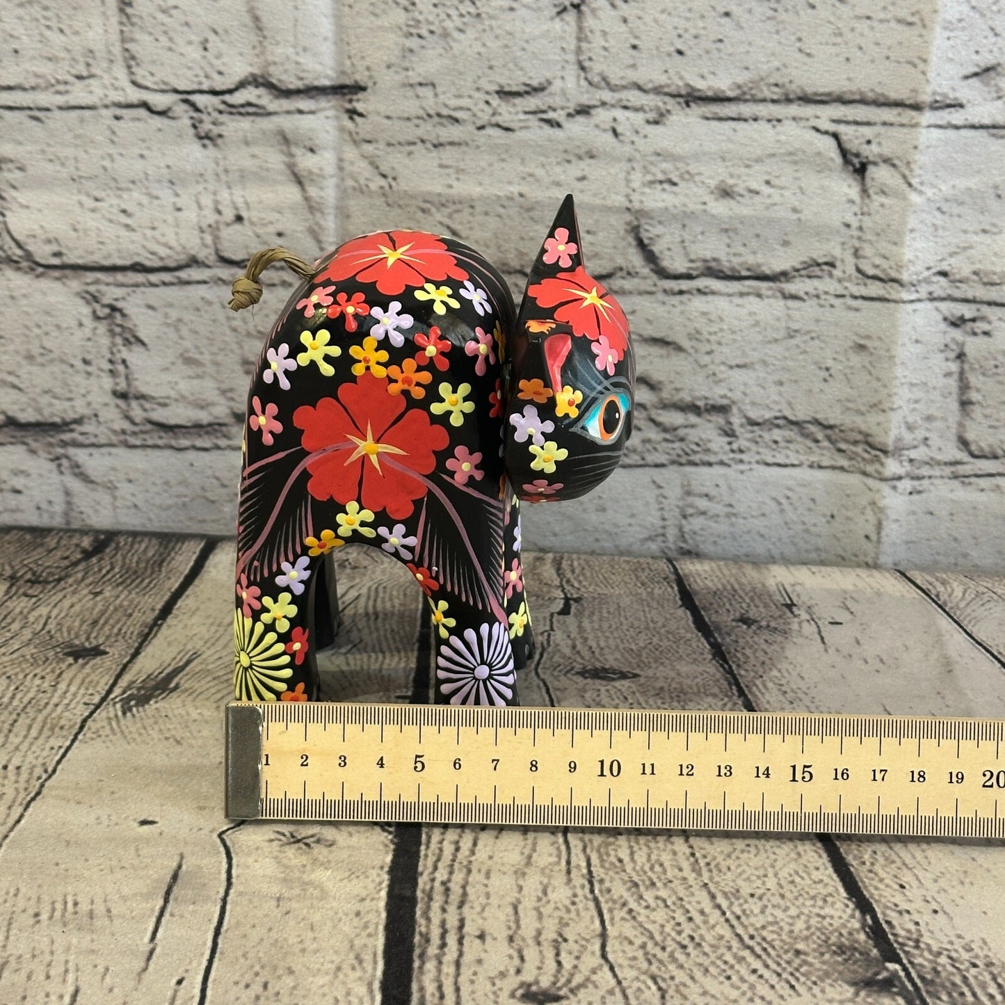 Black Large Wooden Cat With Flower Pattern 15cm x 10cm Handmade and Fairtrade