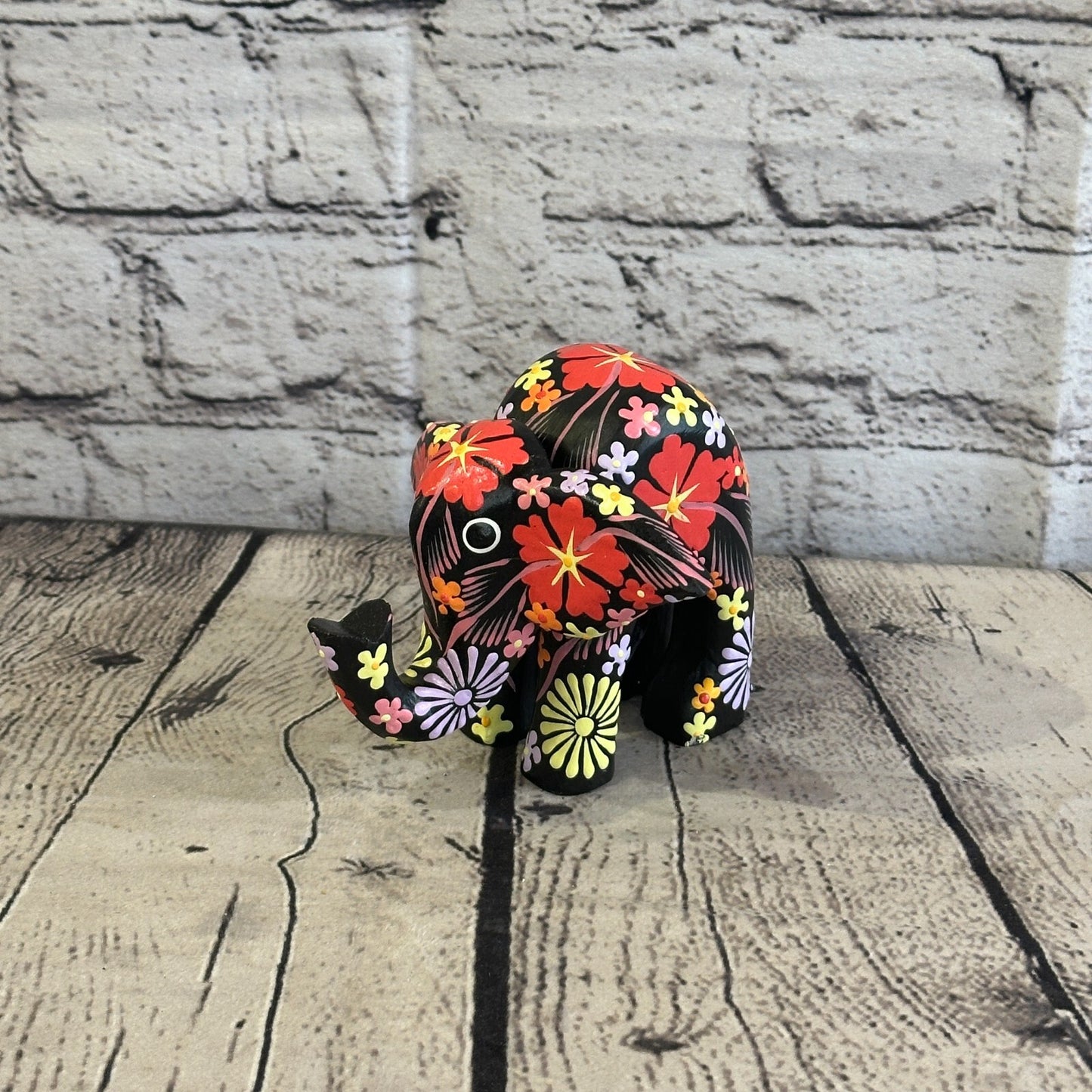 Black Wooden Elephant With Flower Pattern 10cm x 12cm Handmade and Fairtrade