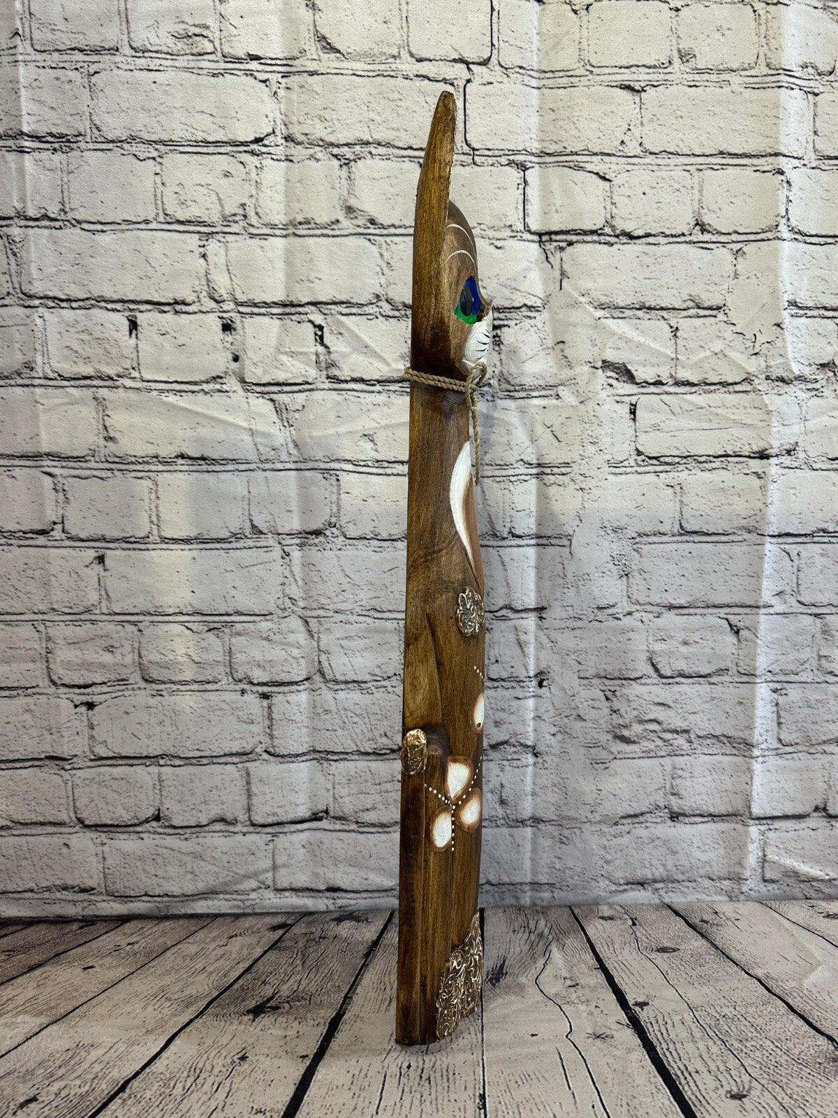 60cm Brown Swirl Flower Wooden Shabby Cat Statue Ornament Fair Trade Handcarved