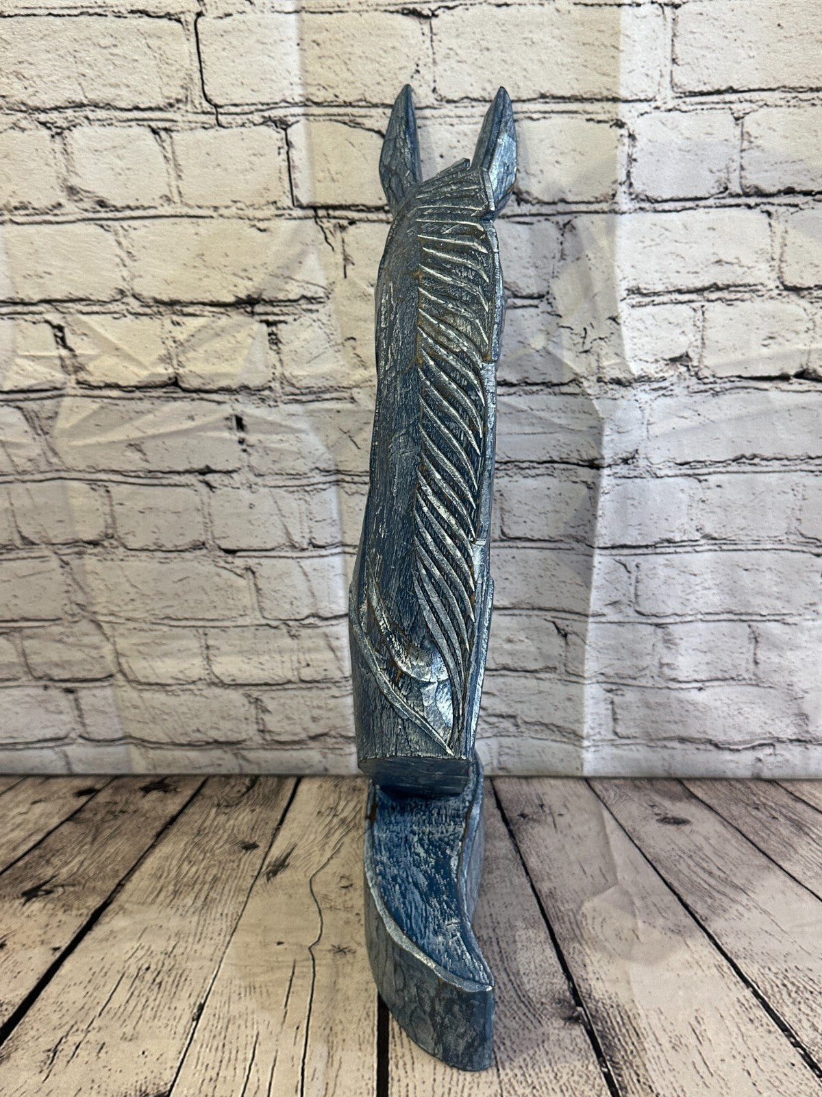 Blue Wooden 50cm x 25cm Horse Head Bust Hand Carved Wood Sculpture