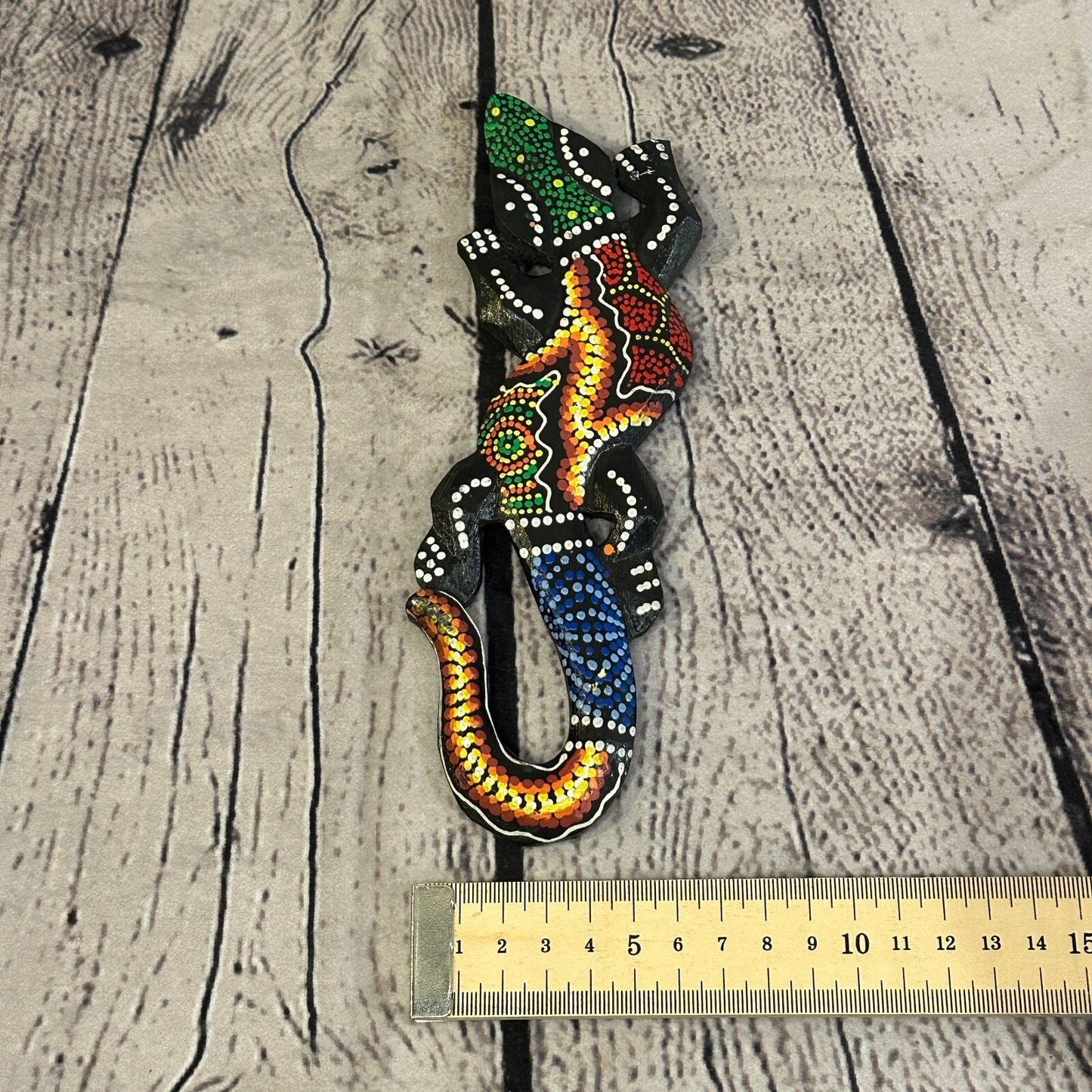 20cm Gecko Carved Wooden Dot Painted Ethnic Tribal Tiki Wall Handmade No 9