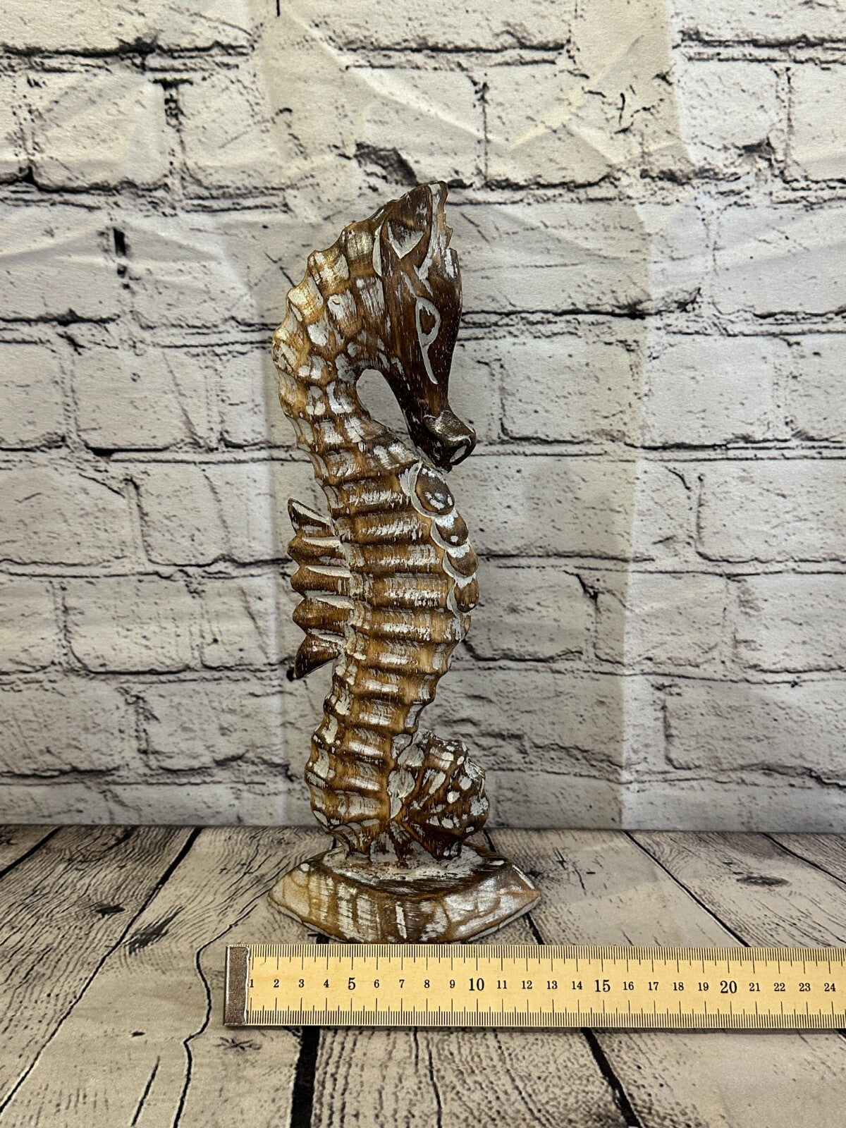 30cm Brown Plain Wooden Shabby Seahorse Statue Ornament Fair Trade Handcarved