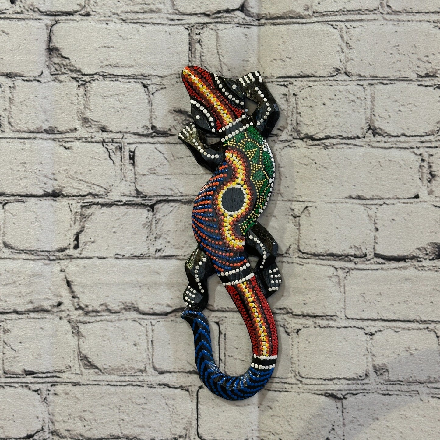 30cm Gecko Carved Wooden Dot Painted Ethnic Tribal Tiki Wall Handmade No 1