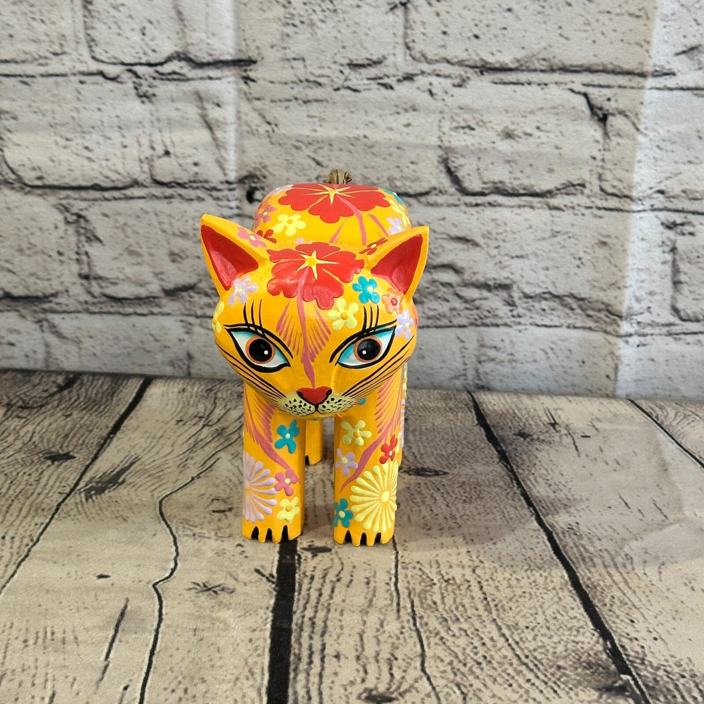 Orange Large Wooden Cat With Flower Pattern 15cm x 10cm Handmade and Fairtrade