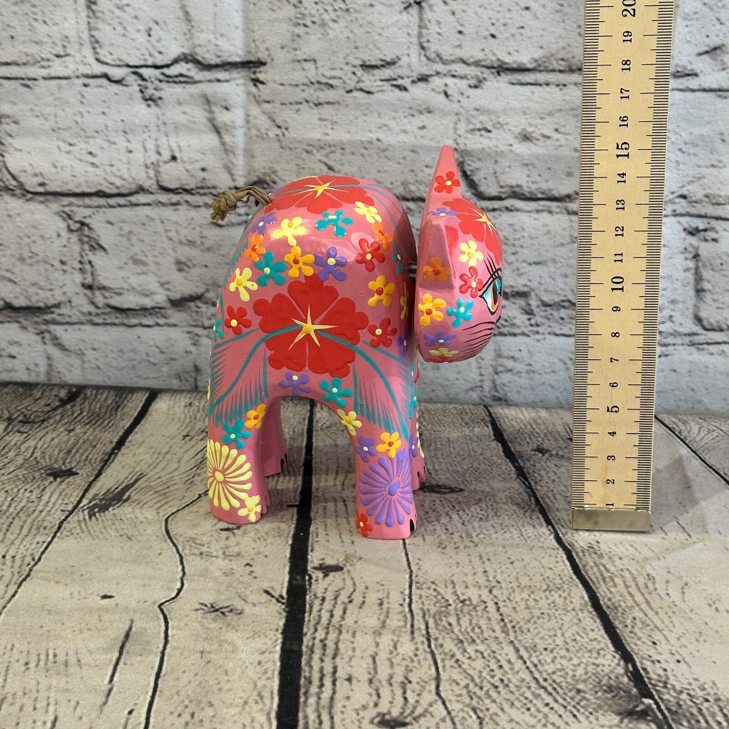 Pink Large Wooden Cat With Flower Pattern 15cm x 10cm Handmade and Fairtrade