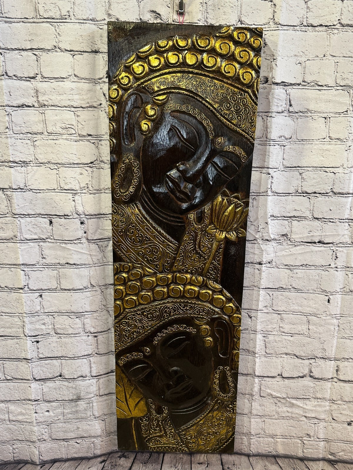 100cm x 30cm Tall Buddha 2 Faces Brown Wooden Wood Panel Wall Art Plaque