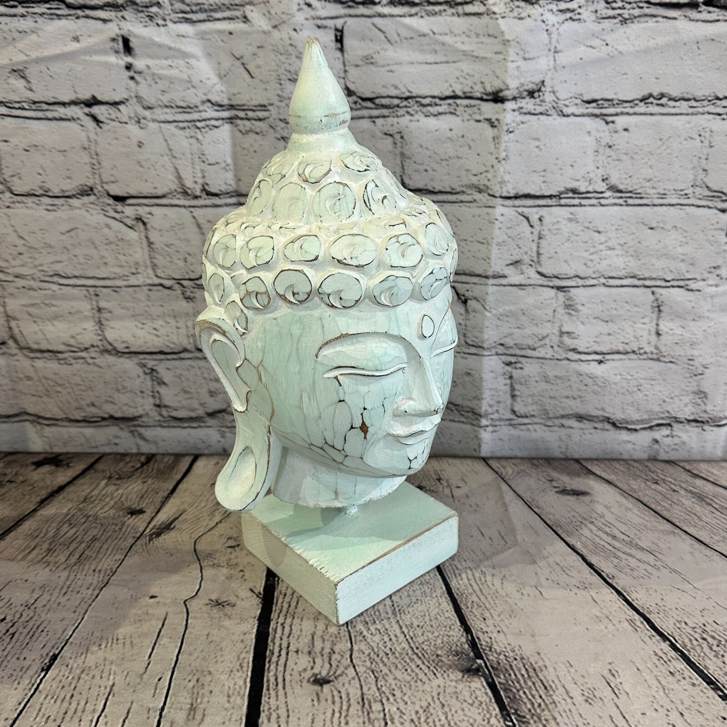 30cm Green Buddha Head Wooden Standing Statue Figurine Ornament Fair Trade