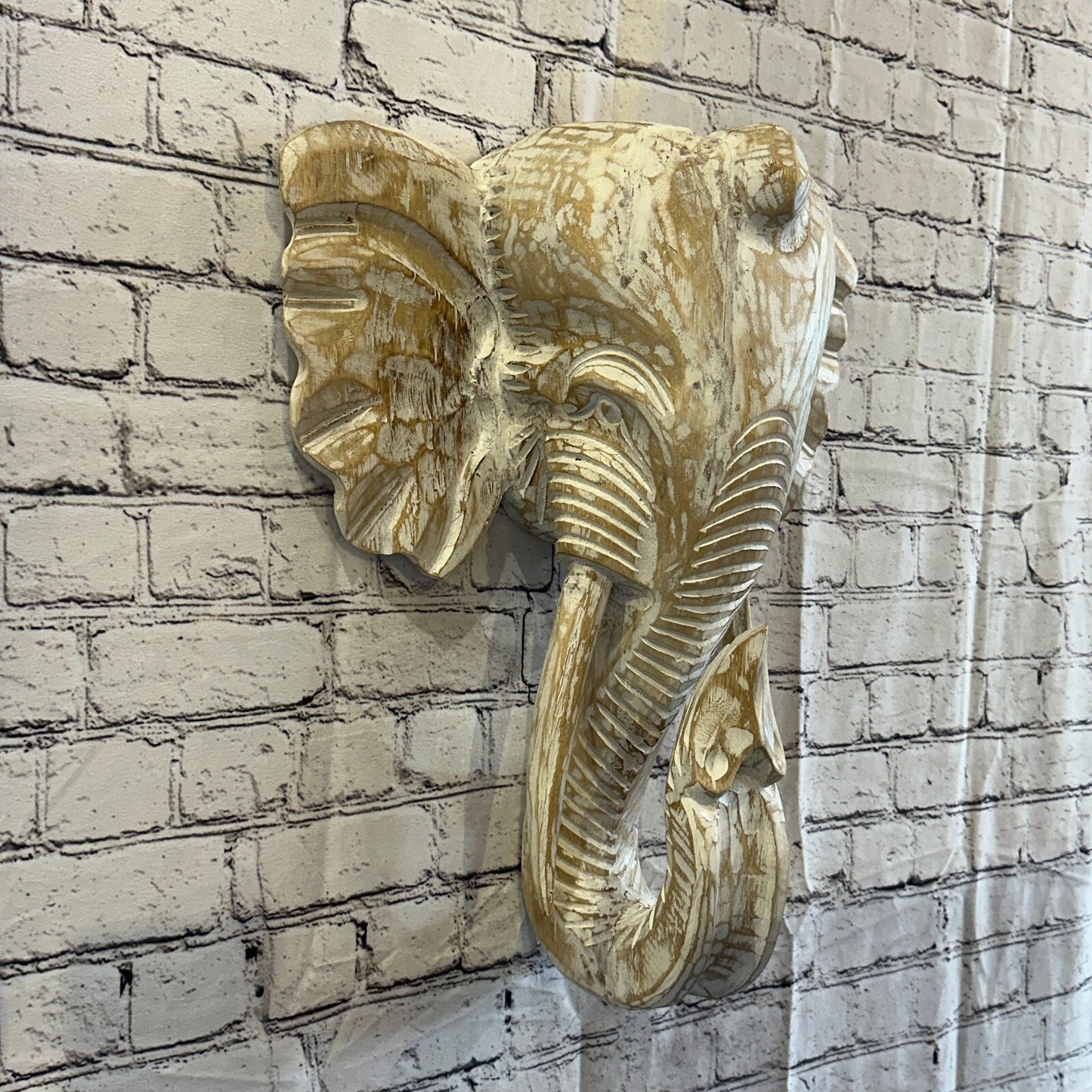 50cm x 40cm Cream White Carved Wood Elephant Head Wall Mounted Art Large Shabby