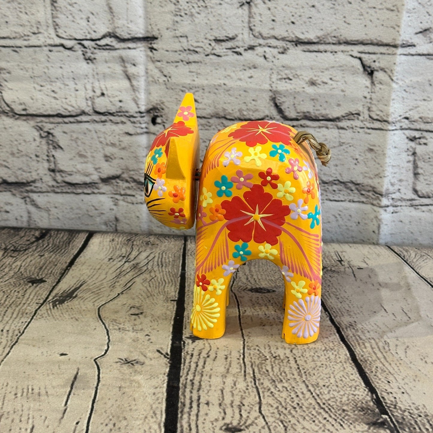 Orange Large Wooden Cat With Flower Pattern 15cm x 10cm Handmade and Fairtrade