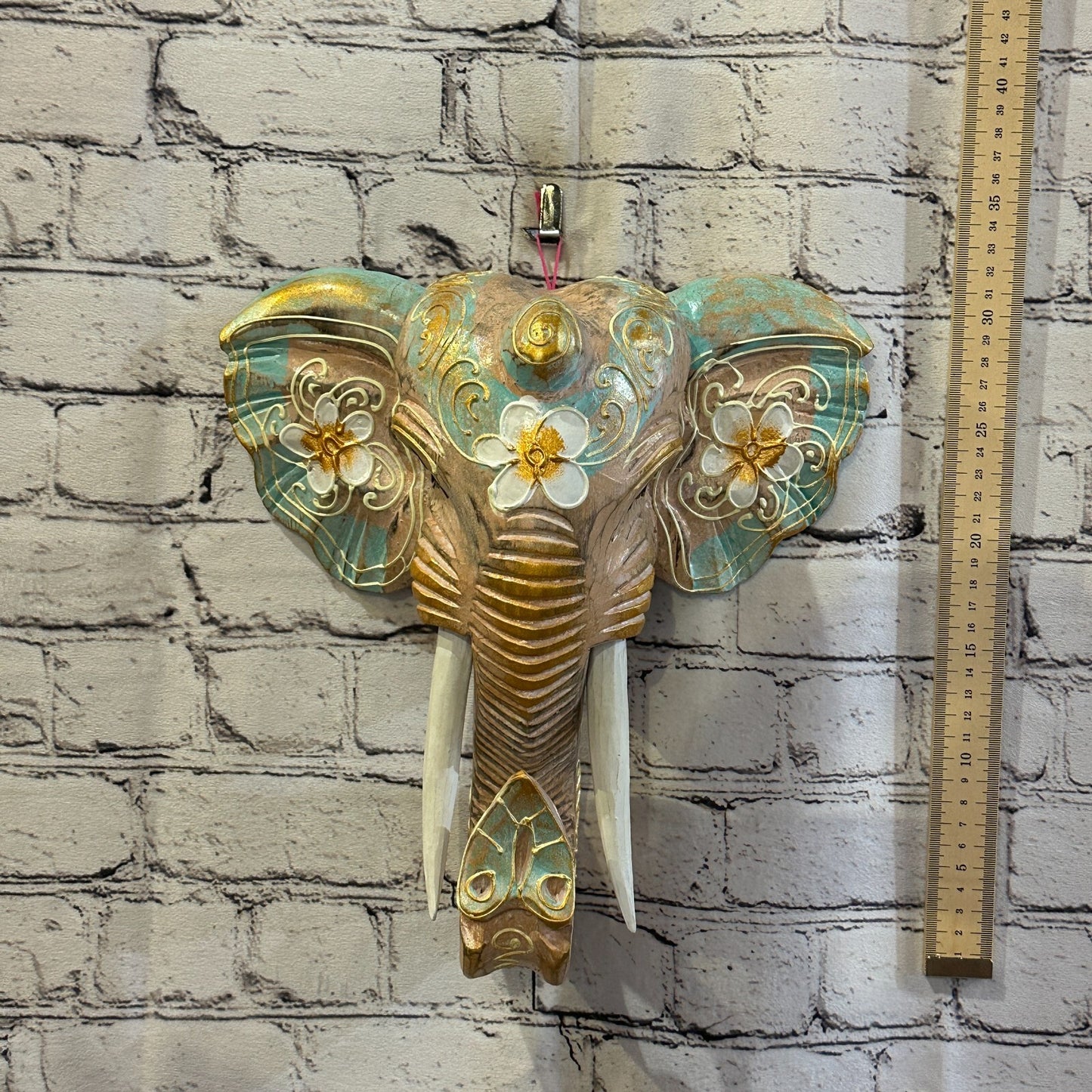 30cm x 30cm Green Flower Painted Wood Elephant Head Wall Mounted Art Shabby