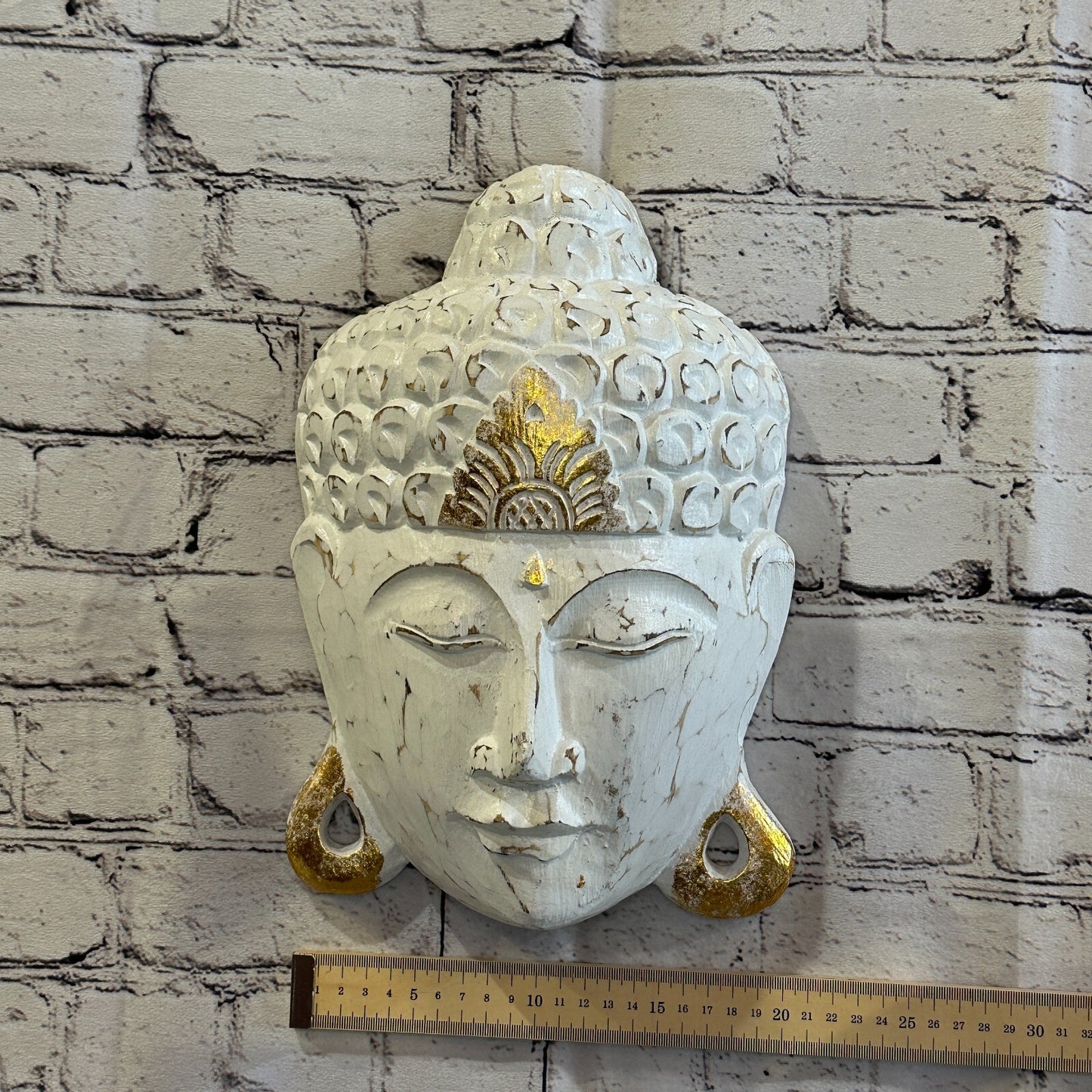 30cm x 20cm White Buddha Head Mask Wooden Hanging Statue Figurine Ornament