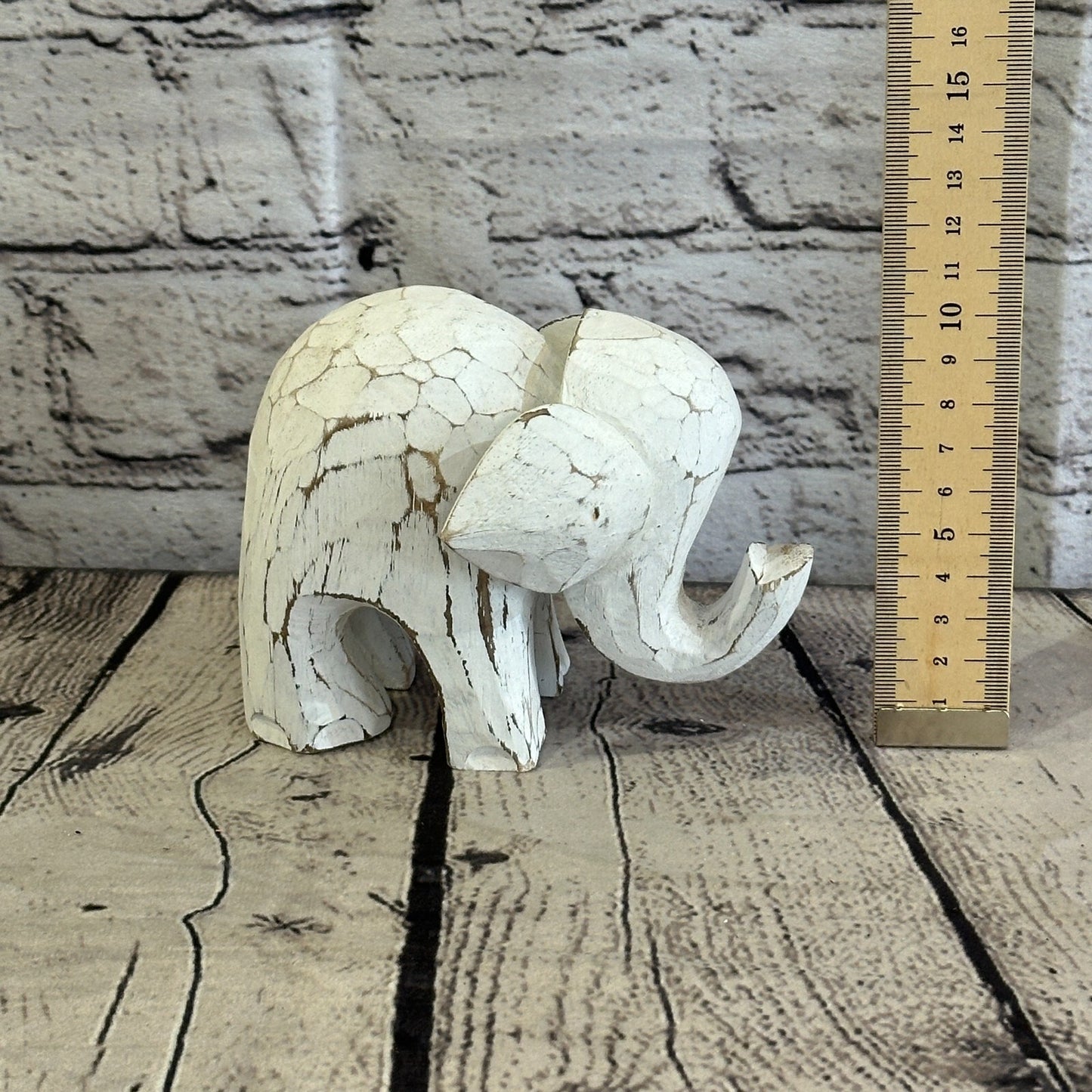 White Wooden Elephant With Shabby Pattern 10cm x 10cm Handmade and Fairtrade