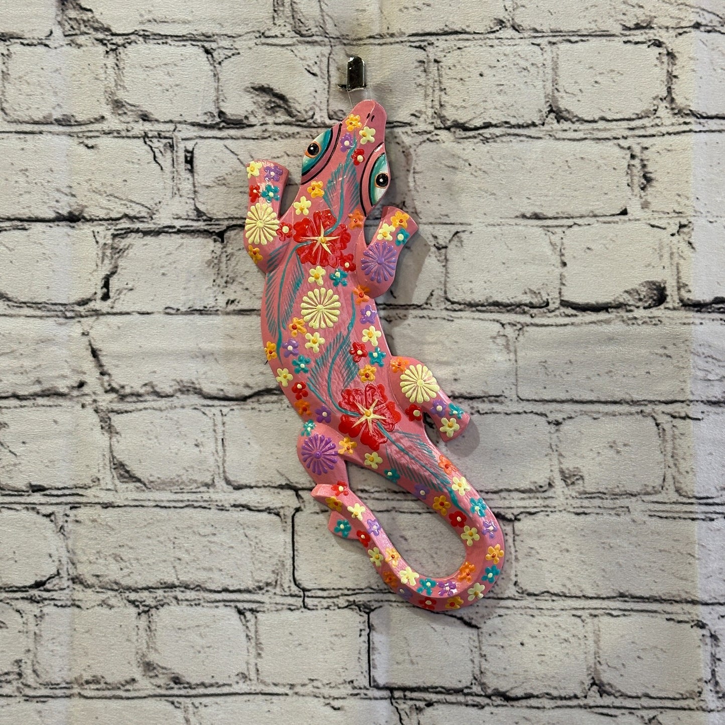 30cm Gecko Lizard Pink Flower Wood Wall Hanging Wooden Ornaments Carving