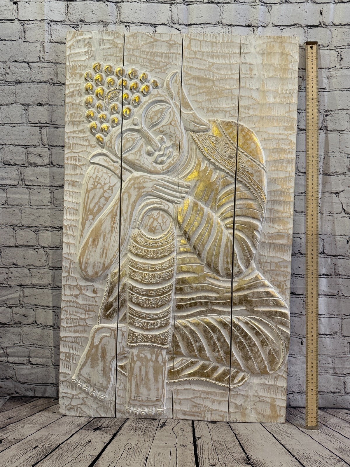 100cm x 60cm Buddha White Gold Wooden Wood Panel Wall Art Plaque Handcarved